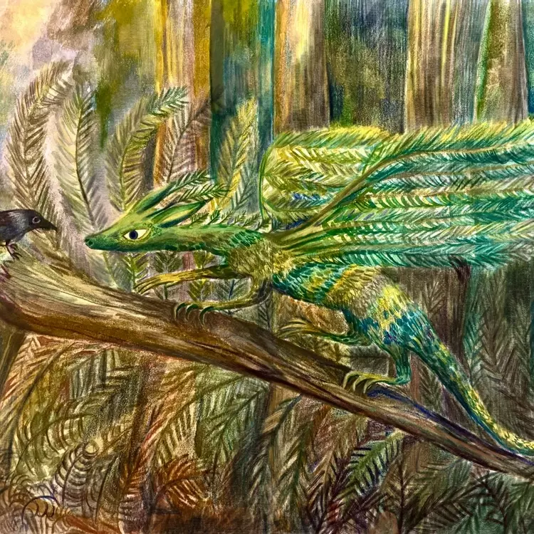 a mixed media illustration of a cedar dragon meeting a crow in the forest. The dragon is made of cedar and she is walking up a fallen tree, the crow is perched on the top of the tree stump 